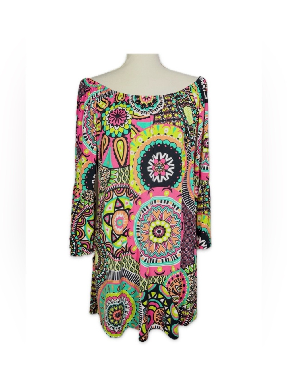 Voll Boho Geometric Spirograph Off Shoulder Tunic Top Women’s Large Colorful